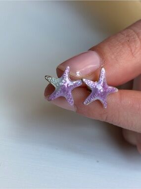Silver Purple and Blue Enamel Starfish Mermaid Stud Summer Beach Earrings